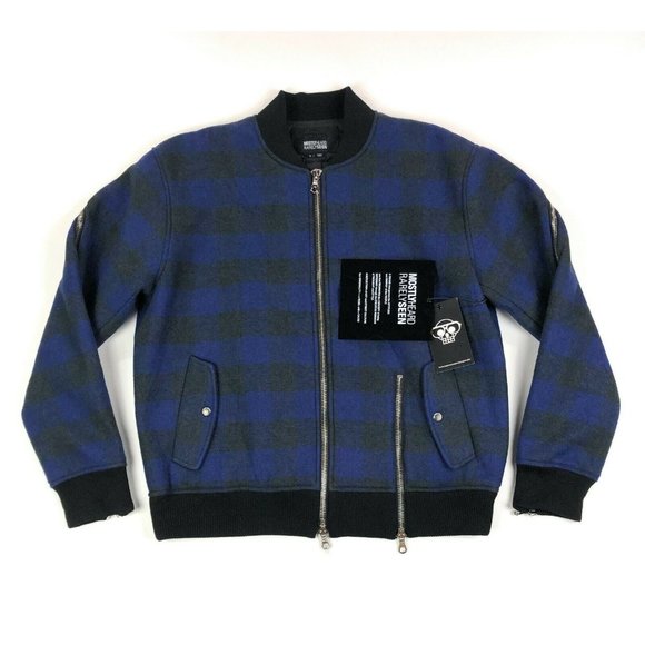 Mostly Heard Rarely Seen Other - Mostly Heard Rarely Seen Mens XL Blue Black Plaid Zipper Bomber Jacket Coat